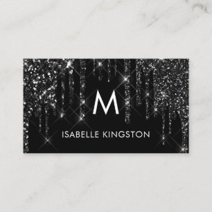 Elegant Luxury Monogram Black Glitter Drips Business Card