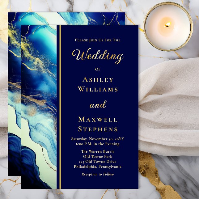 Elegant Luxury Navy Blue and Gold Marble Wedding (Elegant Luxury Navy Blue and Gold Tone Marble Wedding Gold Foil Invitation)