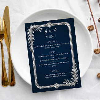 Elegant Luxury Navy Blue and Silver Wedding Menu