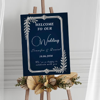 Elegant Luxury Navy Blue and Silver  Wedding Sign