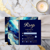 Elegant Luxury Navy Blue Gold Marble Wedding RSVP