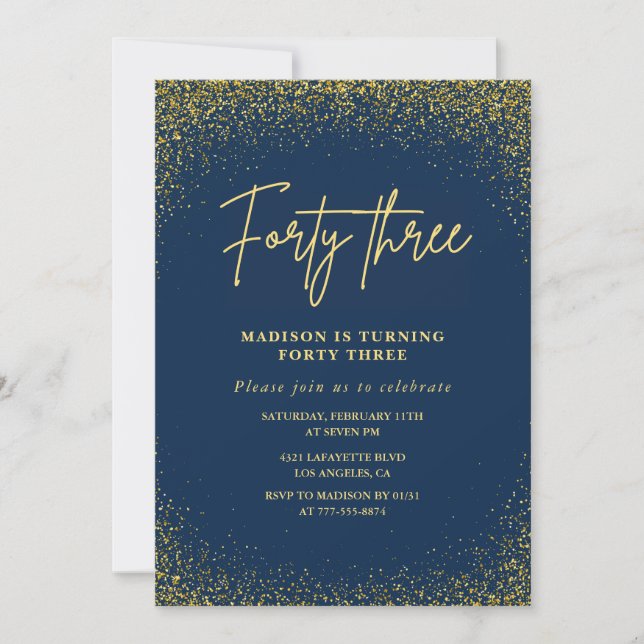 Elegant Luxury Navy Gold Glitter 43rd birthday Invitation (Front)