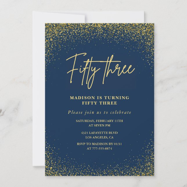 Elegant Luxury Navy Gold Glitter 53rd birthday Invitation (Front)