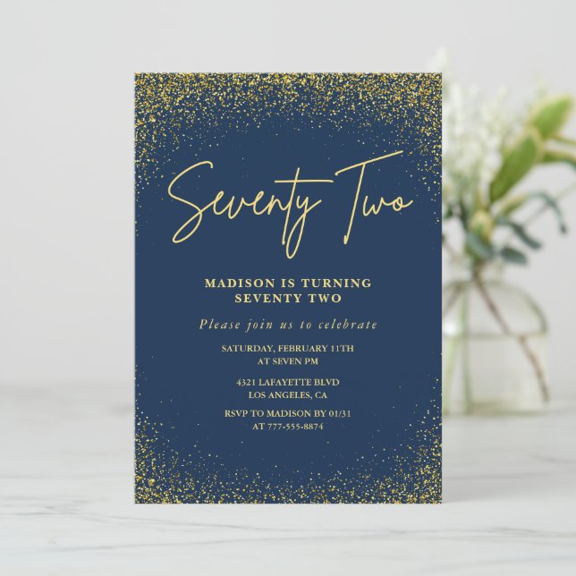 Elegant Luxury Navy Gold Glitter 72nd birthday Invitation (Standing Front)
