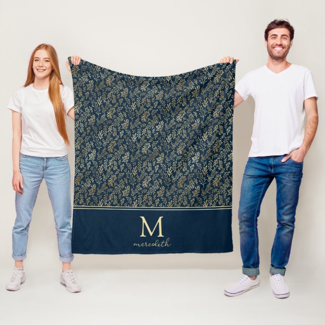 Elegant Luxury Navy Gold Leaf Monogram Fleece Blanket (In Situ)