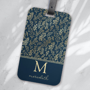 Elegant Luxury Navy Gold Leaf Monogram Luggage Tag