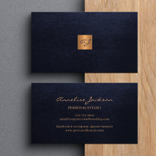 Elegant luxury navy leather copper gold monogram business card