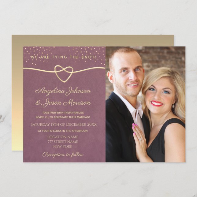 Elegant Luxury Purple Gold Confetti Wedding Photo Invitation (Front/Back)