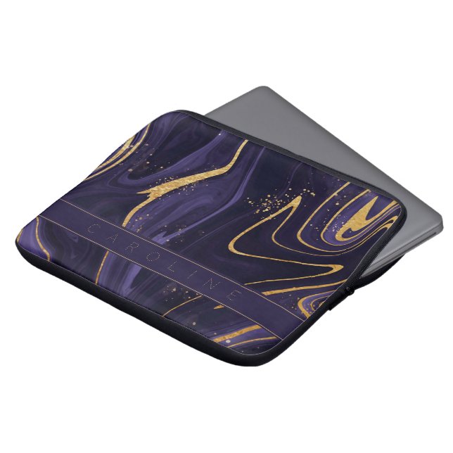Elegant Luxury Purple Gold Marble Effect Monogram Laptop Sleeve (Front Top)