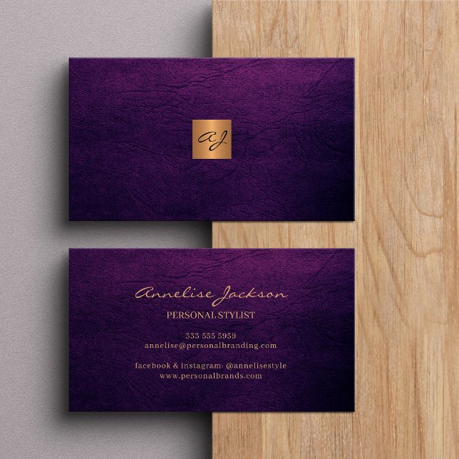 Elegant luxury purple leather copper gold monogram business card (Creator Uploaded)