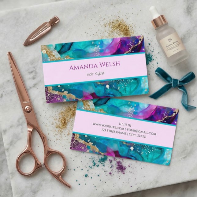 Elegant luxury purple pink teal gold glitter style business card (Creator Uploaded)