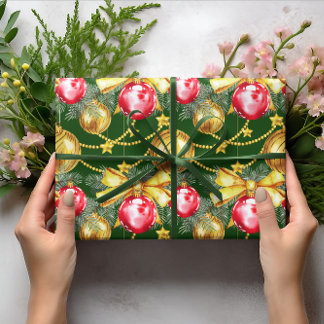 Elegant Luxury Red Gold Christmas Ball Pattern Wrapping Paper