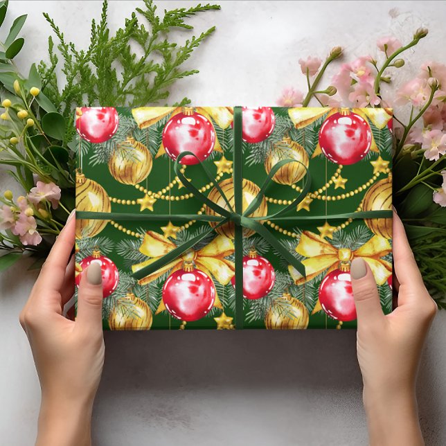 Elegant Luxury Red Gold Christmas Ball Pattern Wrapping Paper (Creator Uploaded)