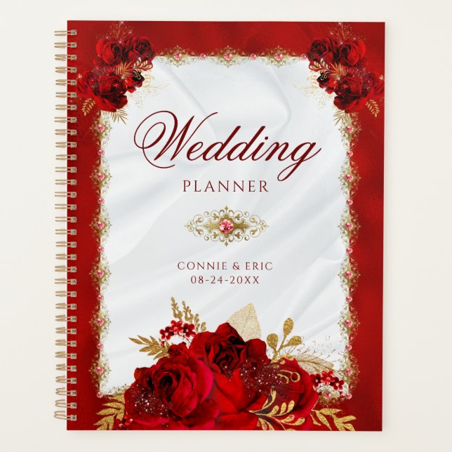 Elegant Luxury Red Gold Floral Wedding Planner (Front)