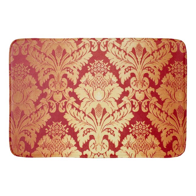 Elegant Luxury Retro Red Gold Damask Pattern Bath Mat (Front)
