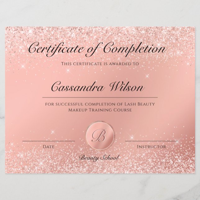 Elegant Luxury Rose Gold Beauty School Certificate (Front)