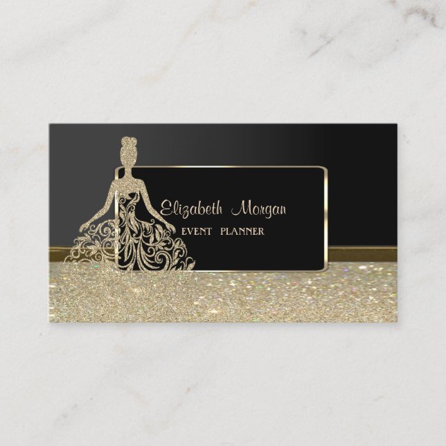 Elegant Luxury Stylish,Faux Gold Glittery Dress Business Card (Front)