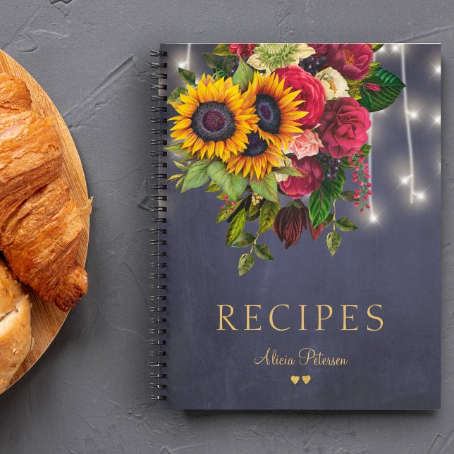 Elegant luxury sunflower and roses navy recipe notebook (Creator Uploaded)