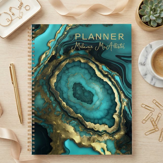Elegant Luxury Teal Agate & Gold Geode Marble Planner (Creator Uploaded)