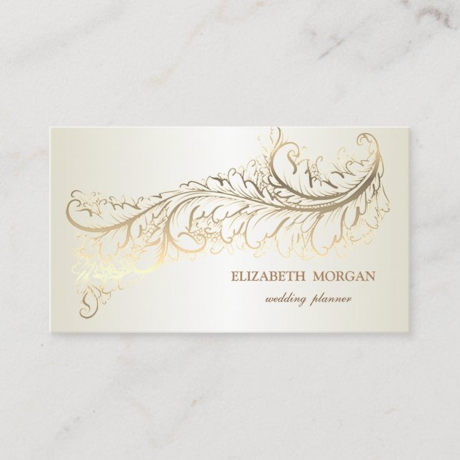 Elegant Luxury Vintage  Gold Feather Business Card (Front)