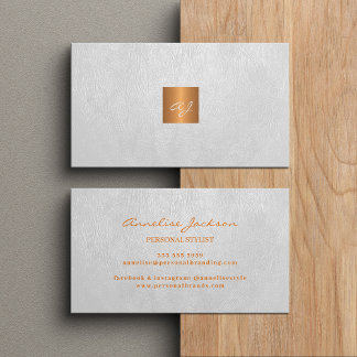 Elegant luxury white leather copper gold monogram business card
