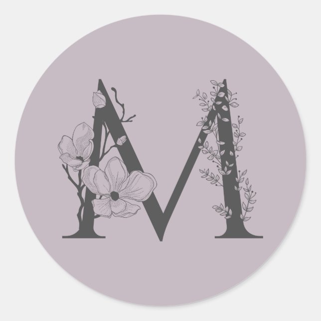 Elegant M Boho Floral Monogram Initial Lilac Grey  Classic Round Sticker (Front)