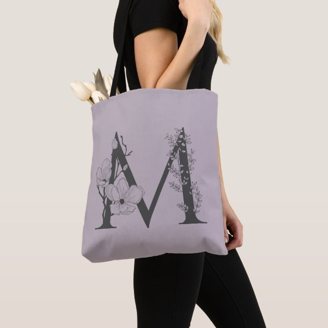 Elegant M Boho Floral Monogram Initial Lilac Grey Tote Bag (Close Up)