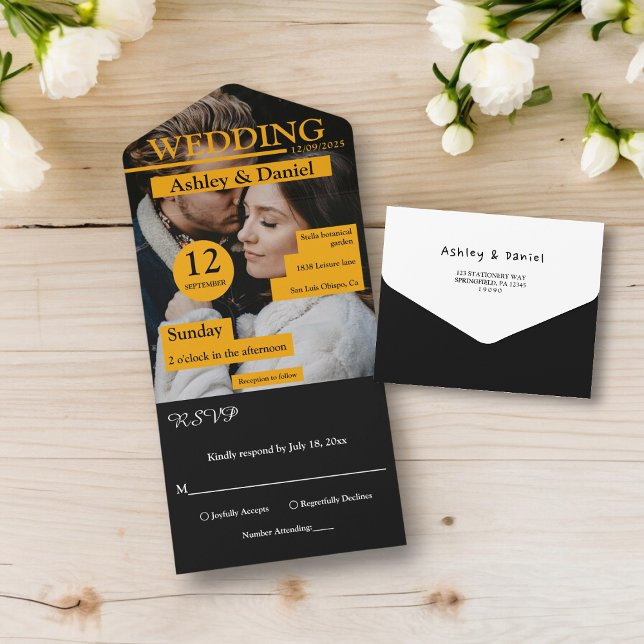 Elegant Magazine Cover Yellow Modern Photo Wedding All In One Invitation (Creator Uploaded)
