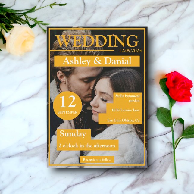 Elegant Magazine Cover Yellow Modern Photo Wedding Invitation (Creator Uploaded)