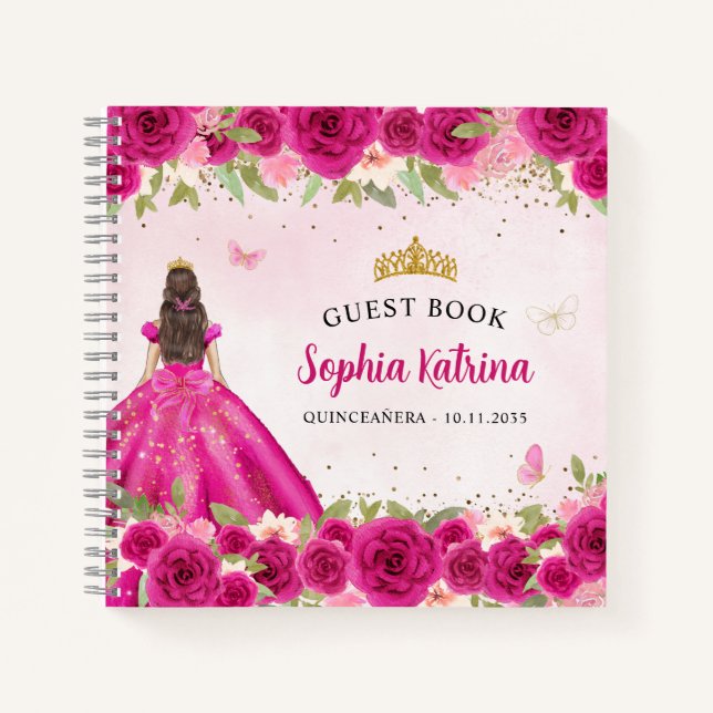Elegant Magenta Blush Pink Gold Floral Quinceañera Notebook (Front)