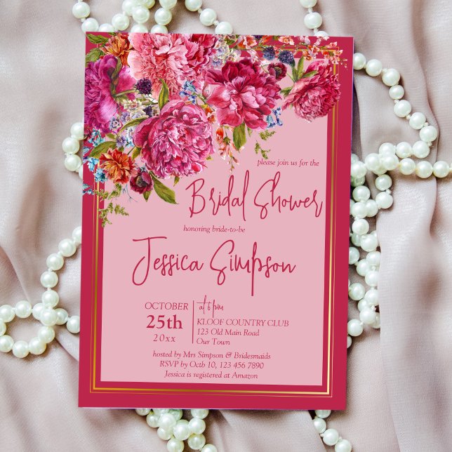 Elegant magenta burgundy peonies  bridal shower invitation (Creator Uploaded)