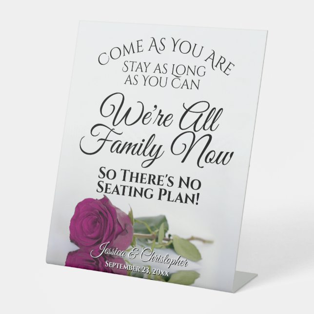 Elegant Magenta Cassis Rose Open Seating Wedding Pedestal Sign (Front)