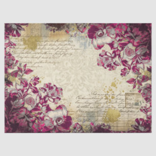 Elegant Magenta Floral Antique Decoupage Print Tissue Paper