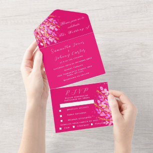 Elegant Magenta Fuchsia Watercolor Floral Wedding  All In One Invitation