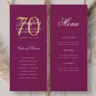 Elegant Magenta Gold 70th Birthday Program w/ Menu Invitation