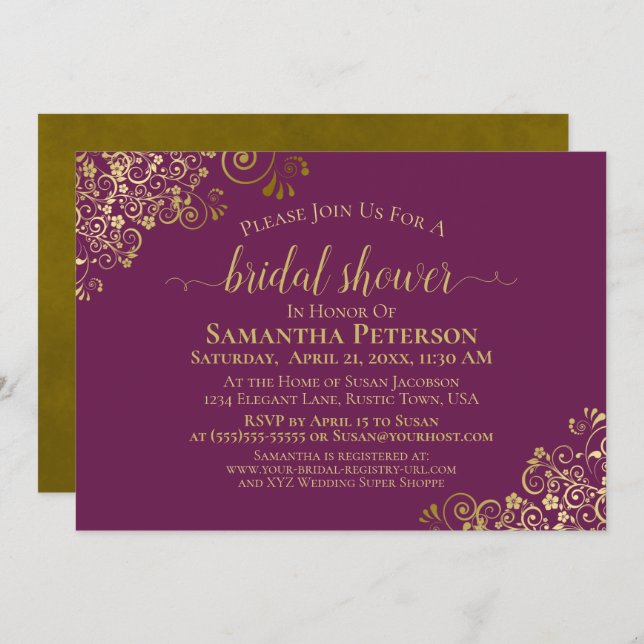 Elegant Magenta & Gold Lace Frills Bridal Shower Invitation (Front/Back)