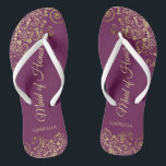 Elegant Magenta & Gold Lacy Maid of Honour Wedding Flip Flops<br><div class="desc">These beautiful wedding flip flops are a great way to thank and recognise your Maid of Honour while saving her feet at the same time. Features an elegant design with lacy golden frills on a cassis purple, magenta, or berry coloured background and fancy gold coloured script lettering. The test reads...</div>