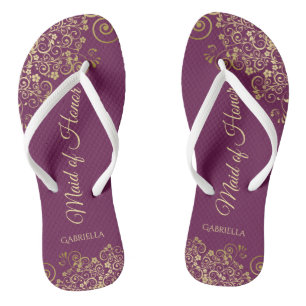 Elegant Magenta & Gold Lacy Maid of Honour Wedding Flip Flops
