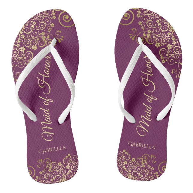 Elegant Magenta & Gold Lacy Maid of Honour Wedding Flip Flops (Footbed)