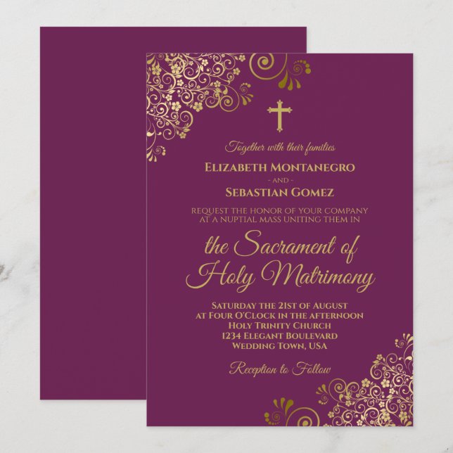 Elegant Magenta & Gold Modern Catholic Wedding Invitation (Front/Back)