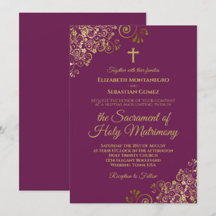 Elegant Magenta & Gold Modern Catholic Wedding Invitation