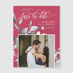 Elegant Magenta Green Leaves Save the Date Magnet