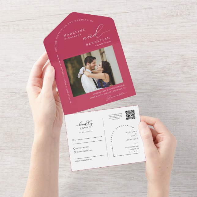 Elegant Magenta Modern Minimal Arch QR Code Photo All In One Invitation (Tearaway)