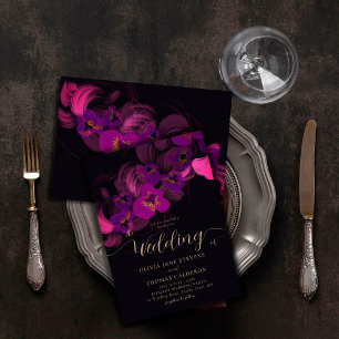 Elegant Magenta Moody Purple Orchid Floral Wedding Invitation
