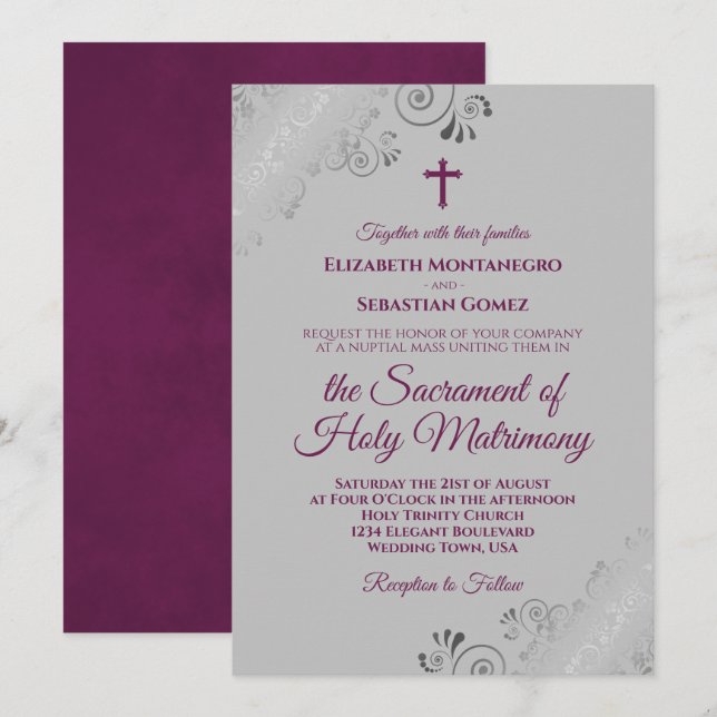 Elegant Magenta on Grey Modern Catholic Wedding Invitation (Front/Back)