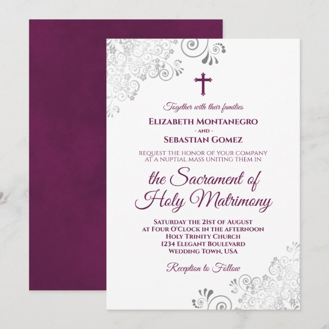 Elegant Magenta on White Modern Catholic Wedding Invitation (Front/Back)
