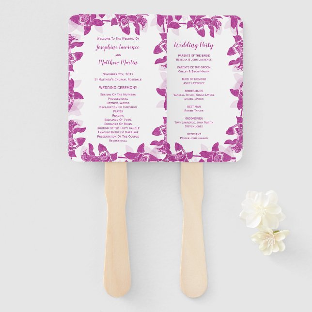 Elegant Magenta Orchid Wedding Ceremony Programs Hand Fan (Front and Back)
