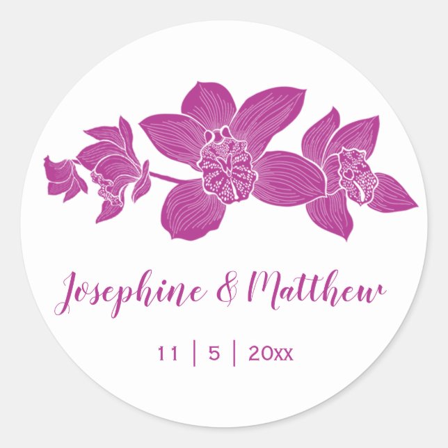 Elegant Magenta Orchids Floral Wedding Stickers (Front)