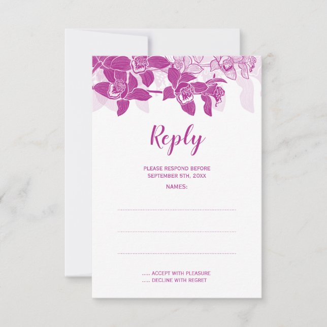 Elegant Magenta Orchids Wedding Reply Cards (Front)