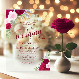 Elegant Magenta & Pink Boho Roses Fancy Wedding Acrylic Invitations